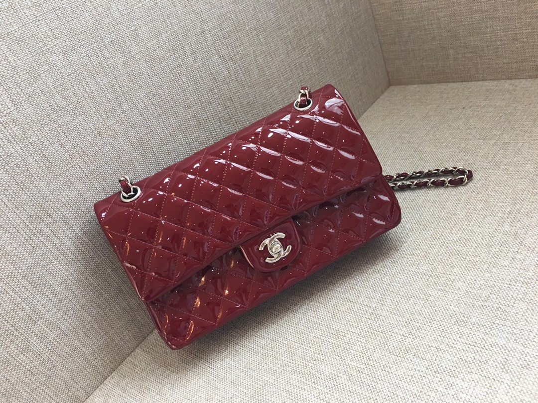 Medium Classic Flap Patent Leather Bag AO1112 Dark Red/Silver